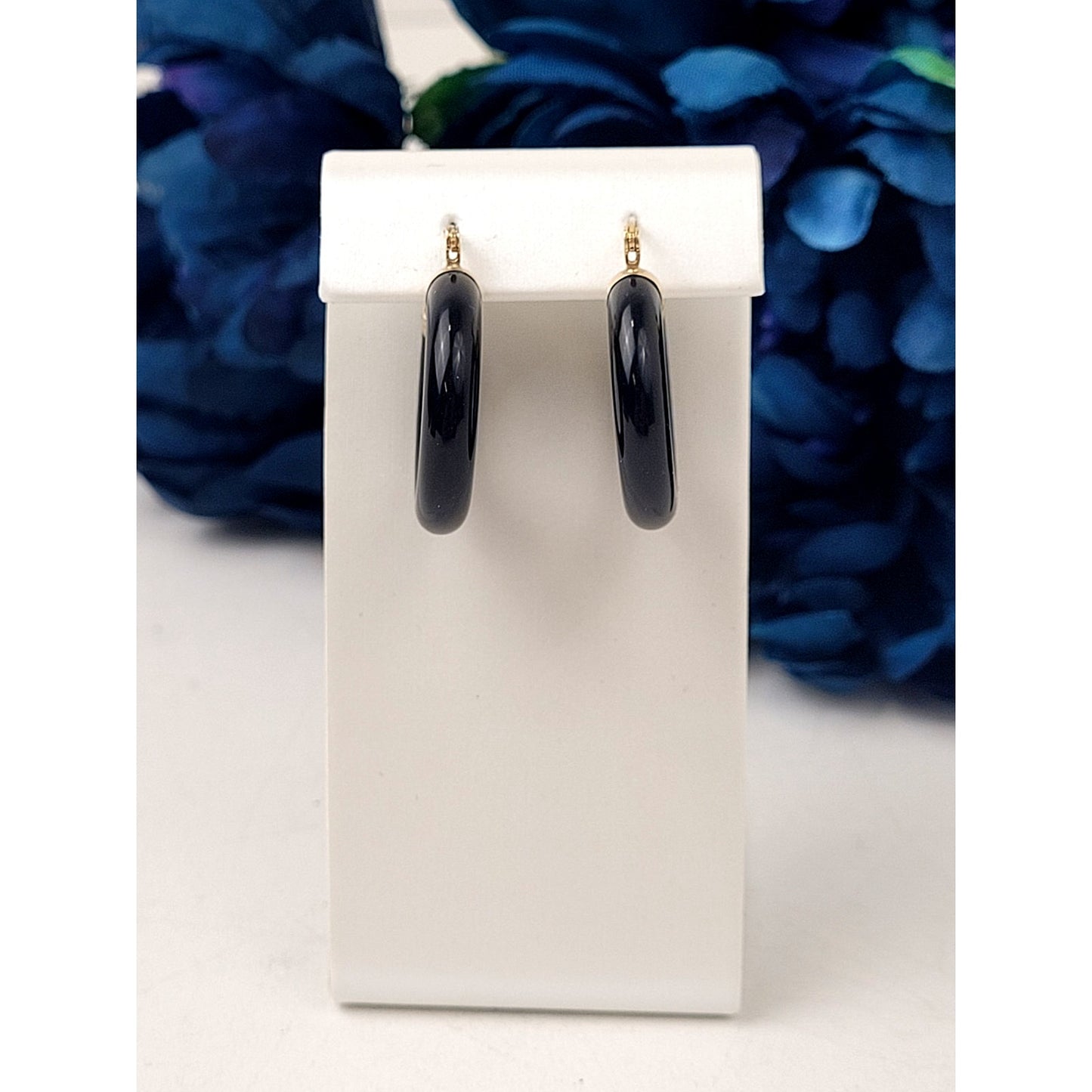 14K Yellow Gold Onyx Hoop Earrings 1" Diameter 6.29 Grams