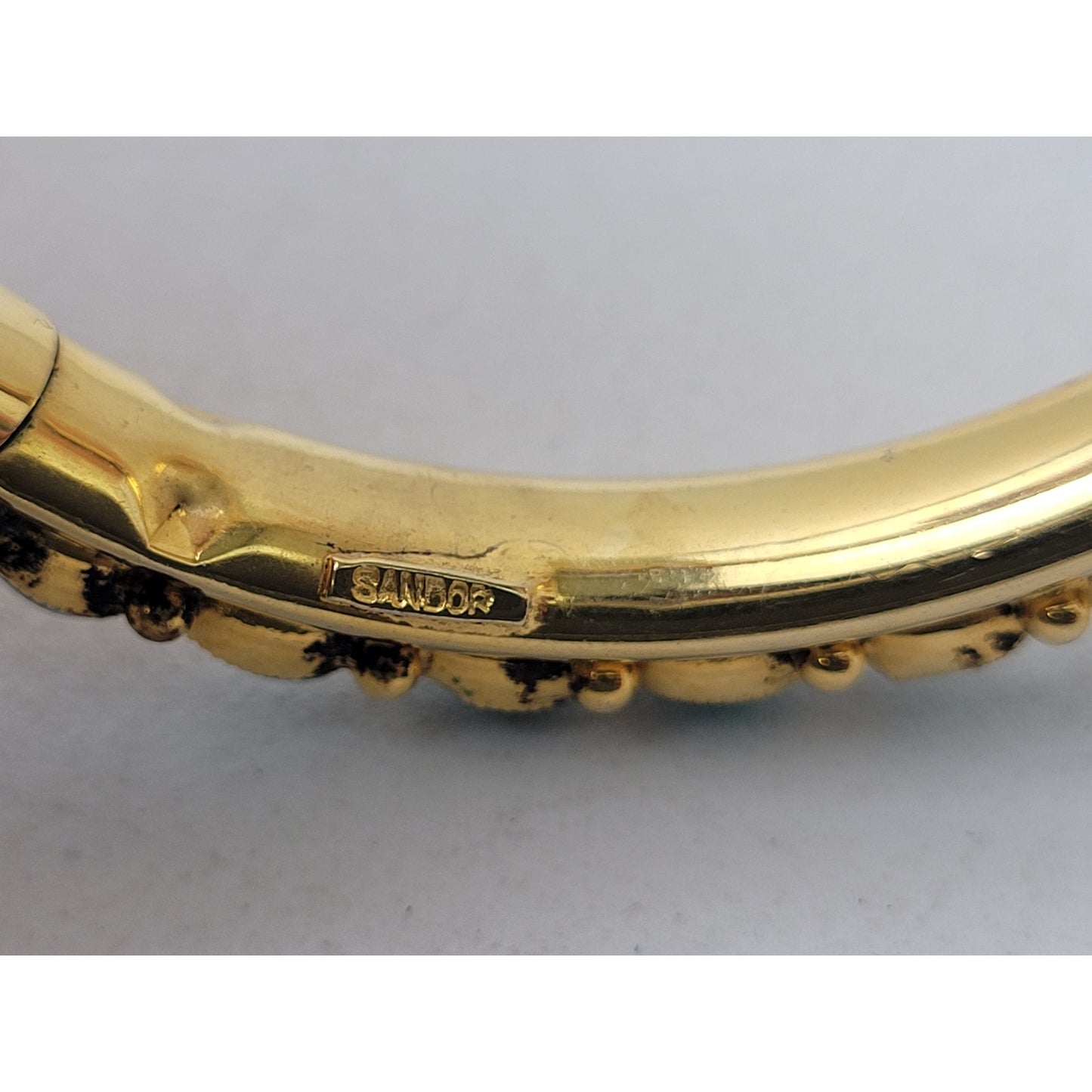 Vintage Sandor Gold Tone Bangle Bracelet w Turquoise Glass Stones Signed