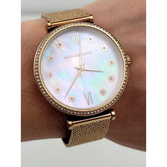 Michael Kors Rose Gold-Tone Watch Mother of Pearl Face Rhinestone Accents