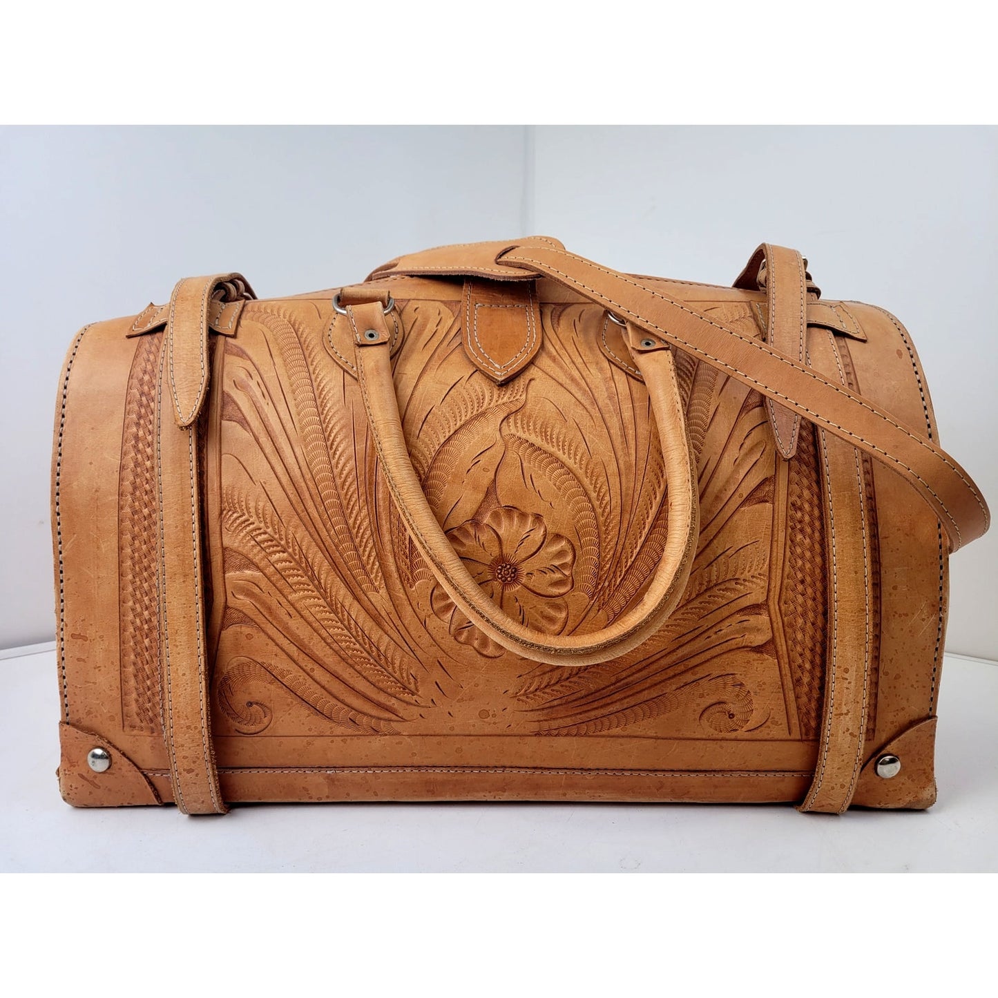 Vintage Hand Tooled Leather Western Style Doctor's Travel Luggage Bag XXL