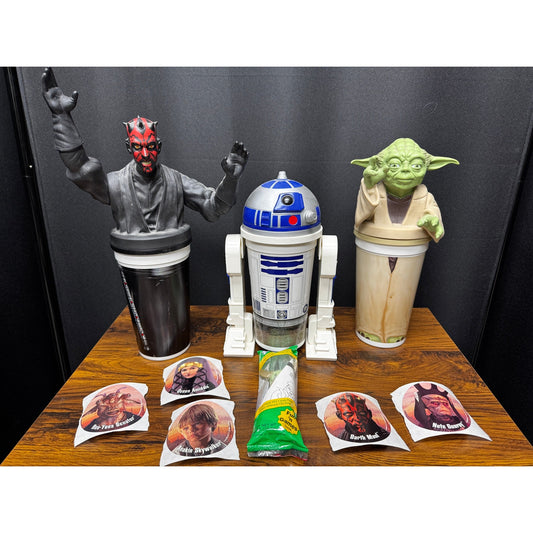 Lot of 1999 Star Wars Cups Yoda, Darth Maul, R2-D2 + Pez Dispenser & Stickers
