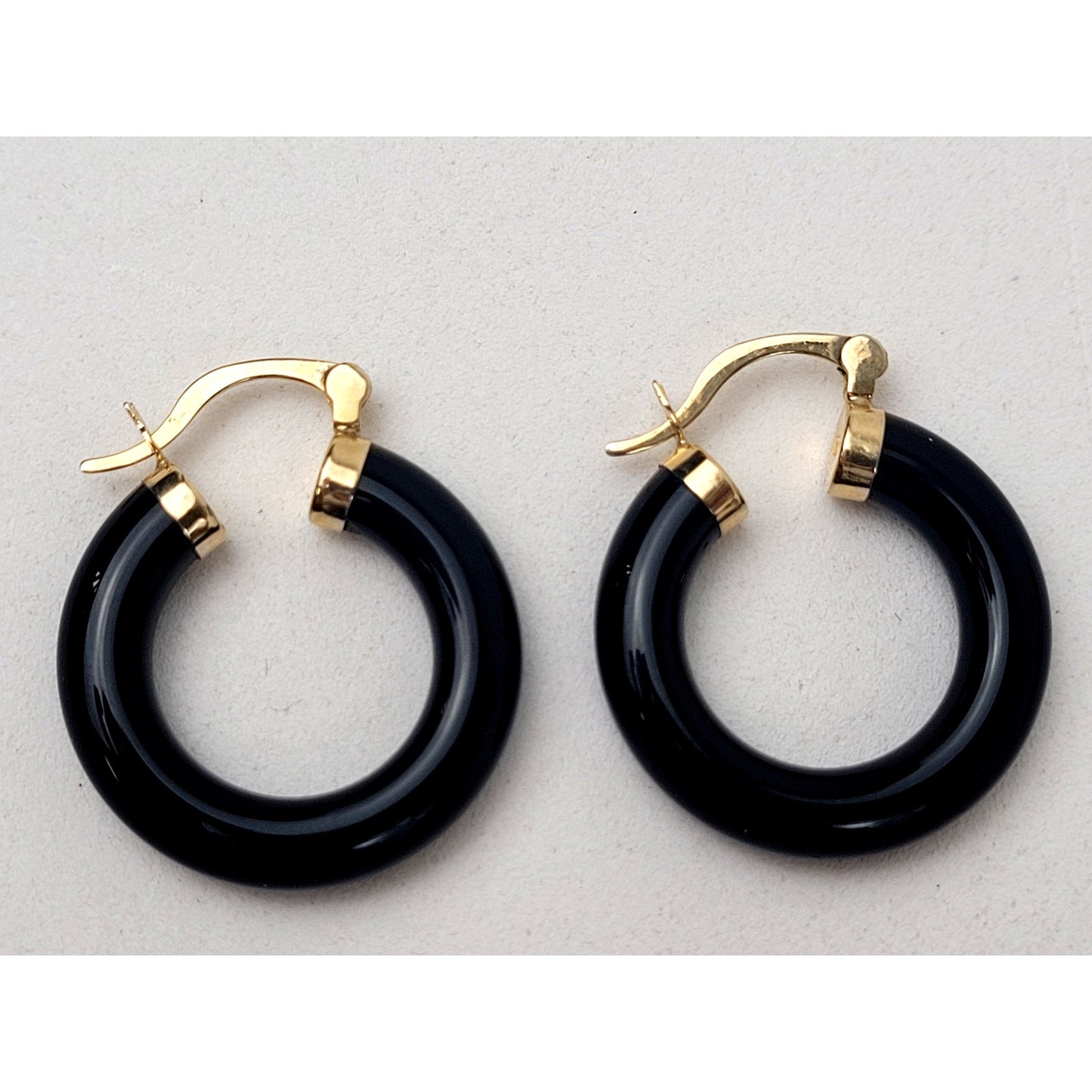 14K Yellow Gold Onyx Hoop Earrings 1" Diameter 6.29 Grams