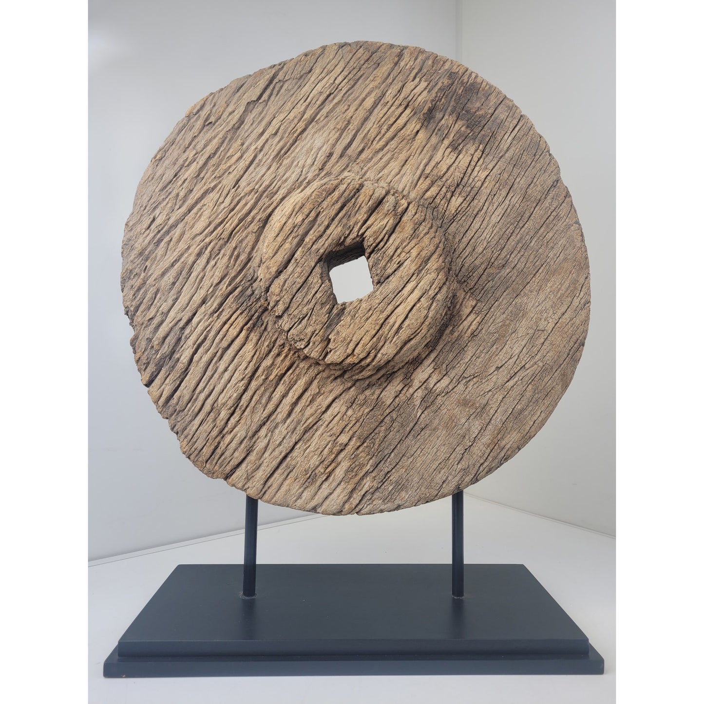 Antique Rustic Large Wooden Oxen Cart Wheel Sculpture on Stand