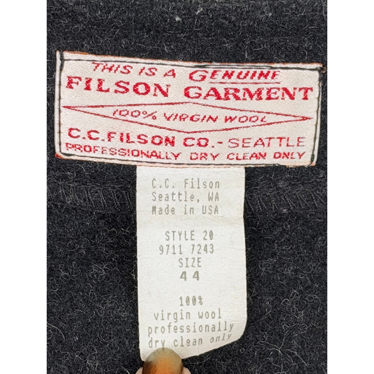 Vintage Filson Mackinaw Charcoal 100% Virgin Wool Work Vest Men's Sz 44
