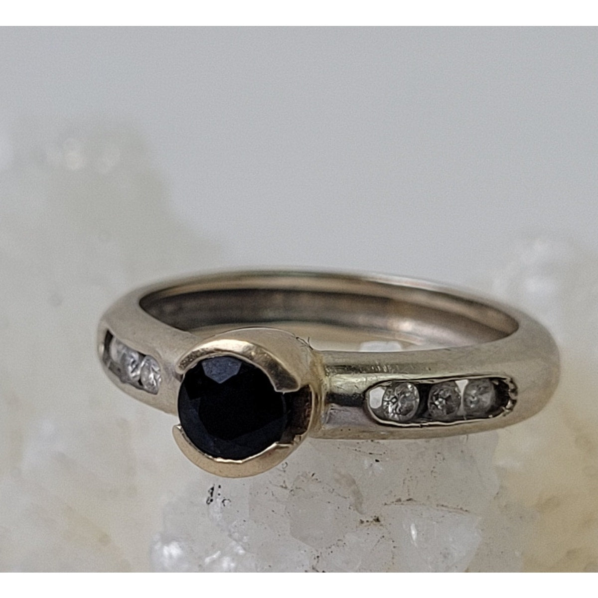14K Yellow & White Gold Bezel-Set Sapphire Moissanite Ring | Sz 5 1/4