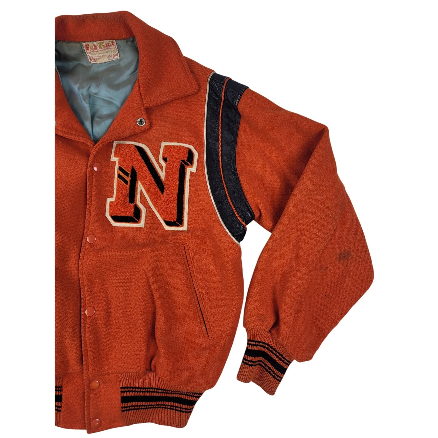 Vintage 1970s Fab-Knit Orange Varsity Jacket Wool w Leather Trim Men's Sz 40