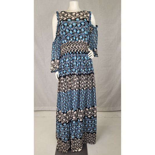 Eliza J Patterned Blue Beige Maxi Dress w Cold-Shoulder Detailing Women's Sz 14