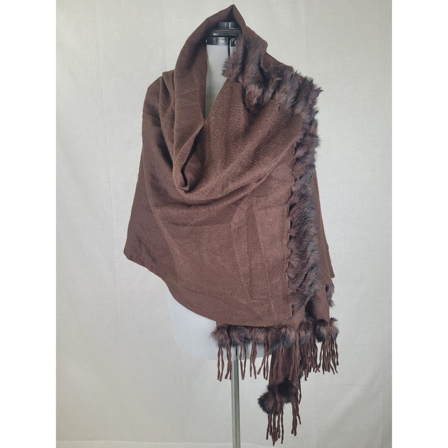 Vintage Brown Cashmere Shawl Scarf Rabbit Fur Trim and Fringe