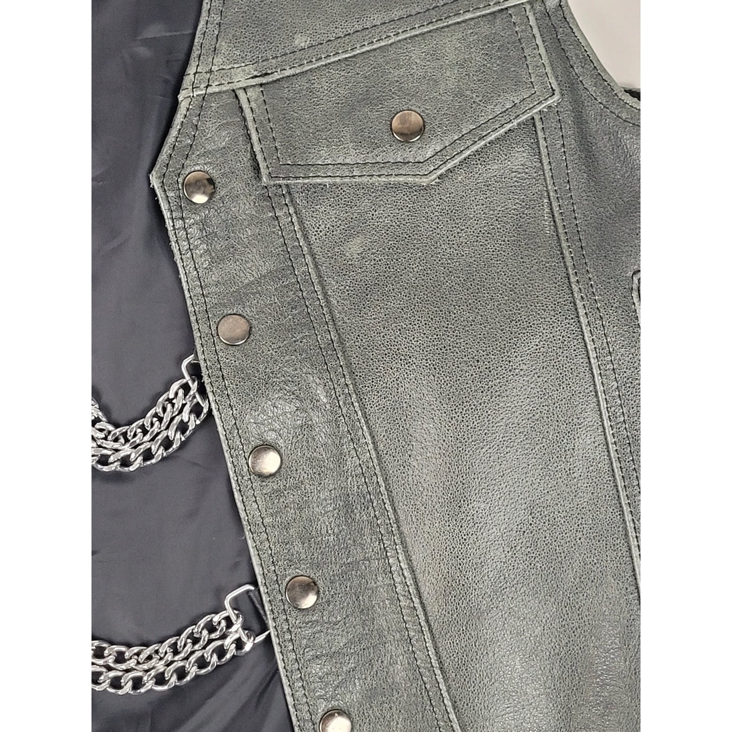 Unik Premium Distressed Grey Leather Motorcycle Vest w Front Chain Men's Sz M