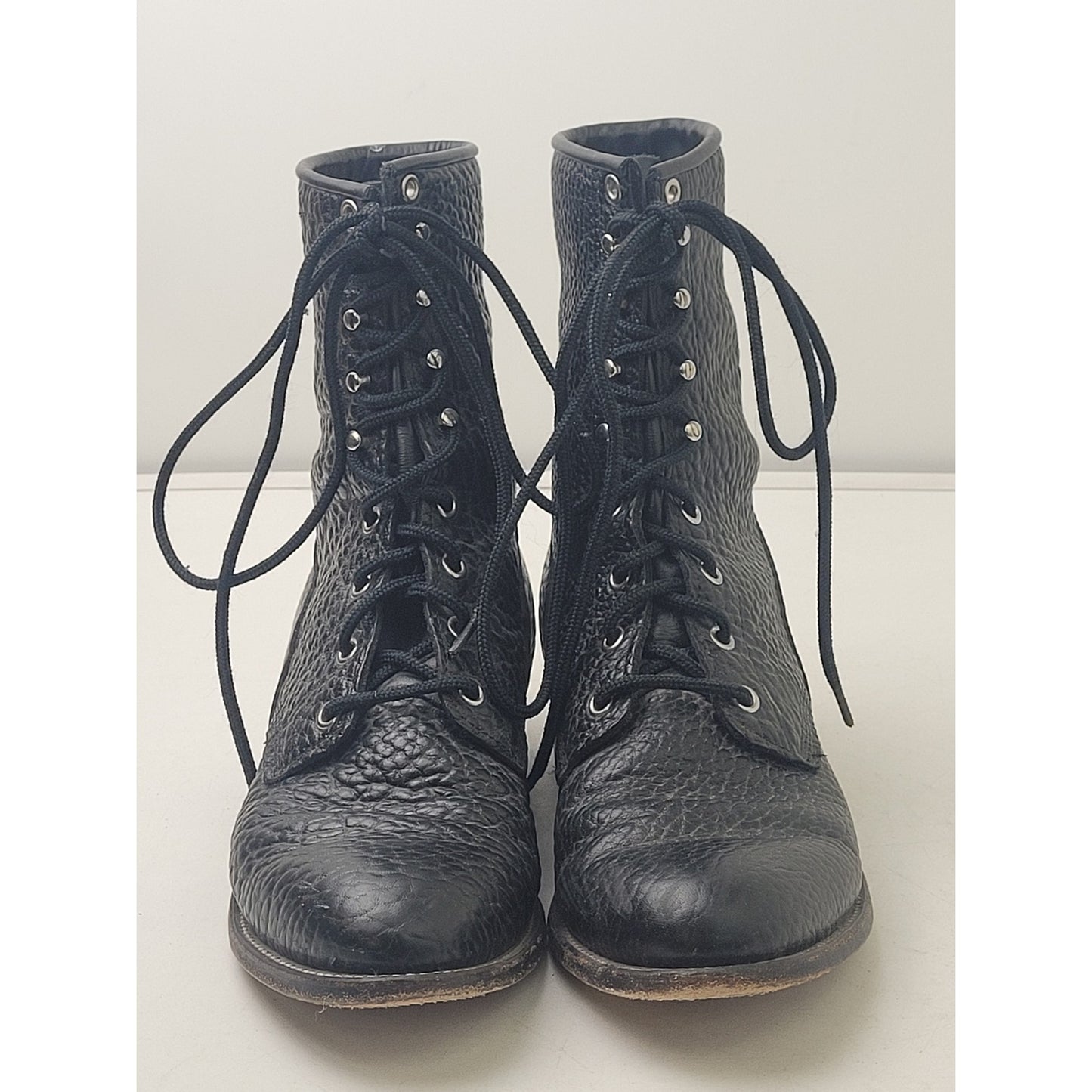 Justin L522 Bullhide Western Lacer Boots Mens Sz 8.5 D Pebbled Black Leather