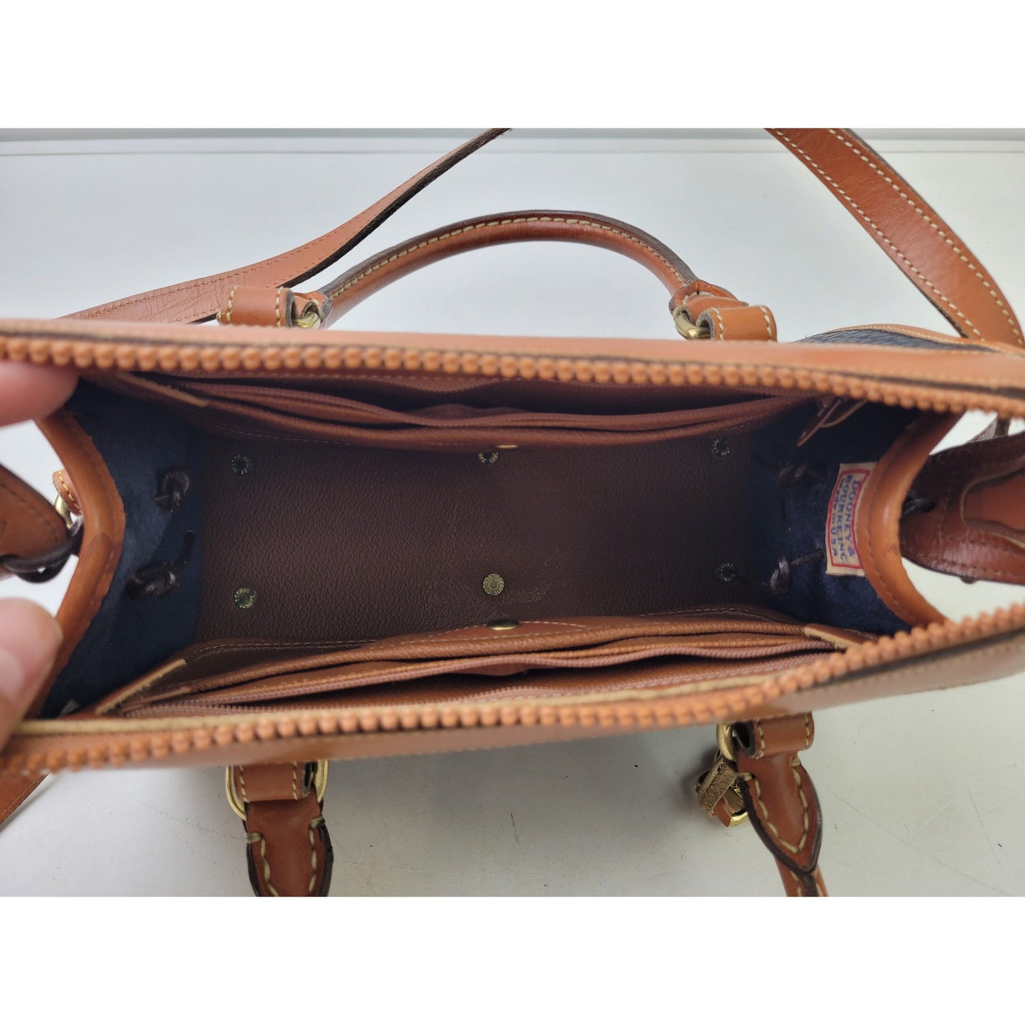 Vintage Dooney & Bourke All-Weather Leather Satchel Navy Blue, Tan, & Brass