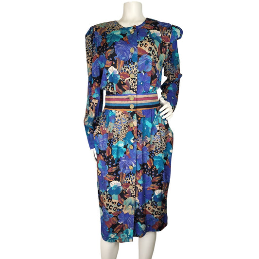 Vintage 1990s Mixed Print Below the Knee Dress w Slight Puff Sleeves Sz S