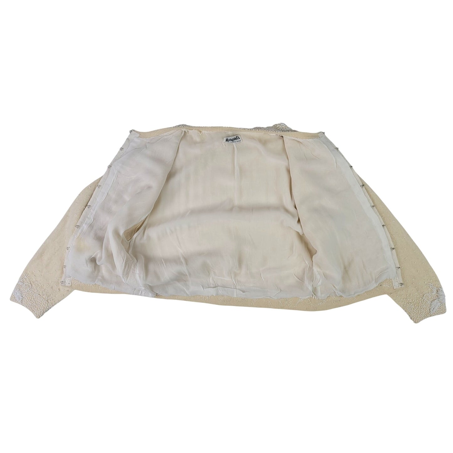 1950s Vintage Margaret's Intricately Beaded Cropped Creme White Sweater Sz XS/S
