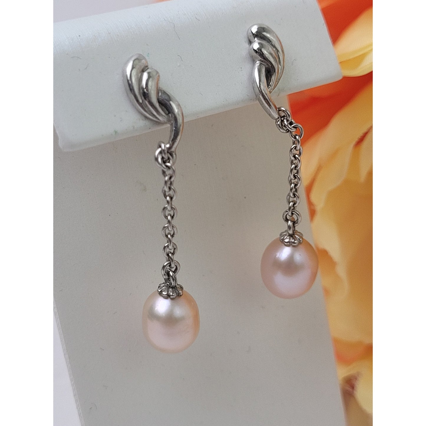 VTG Sterling Silver Drop Dangle Earrings Pink Freshwater Pearls & Chain | 42mm L
