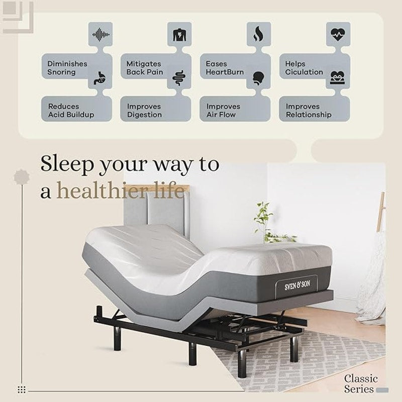 Sven & Son Classic Adjustable Bed Base, Head & Foot Lift, Smart Frame & Mattress