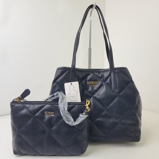 Guess Vikky Tote Handbag 2-Piece Set Black Quilted Faux Leather NWT