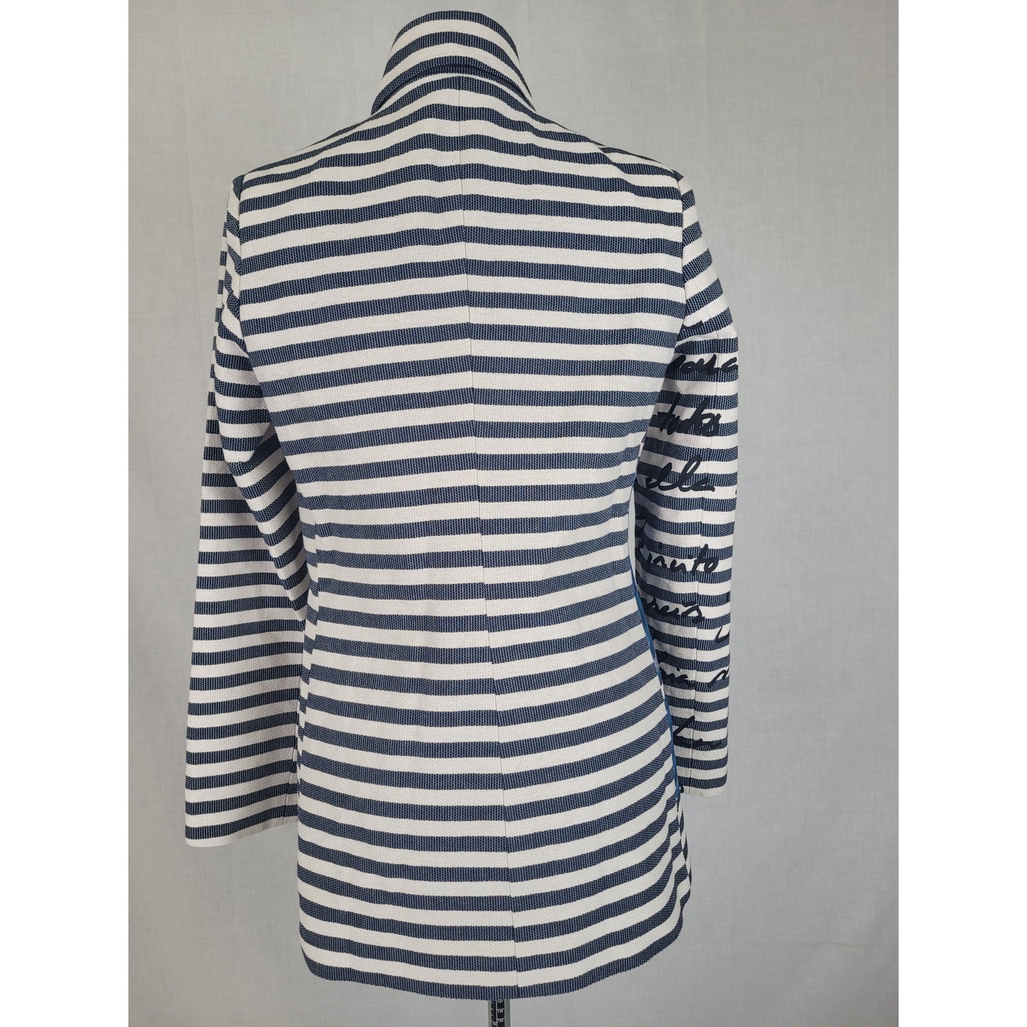 Desigual Mencia Blue & White Striped Double Breasted Blazer Floral Print Sz 38