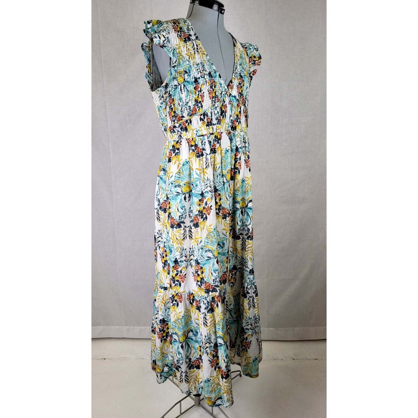Anthropologie The Peregrine Midi Dress Floral Print Smocked Bodice Sz L