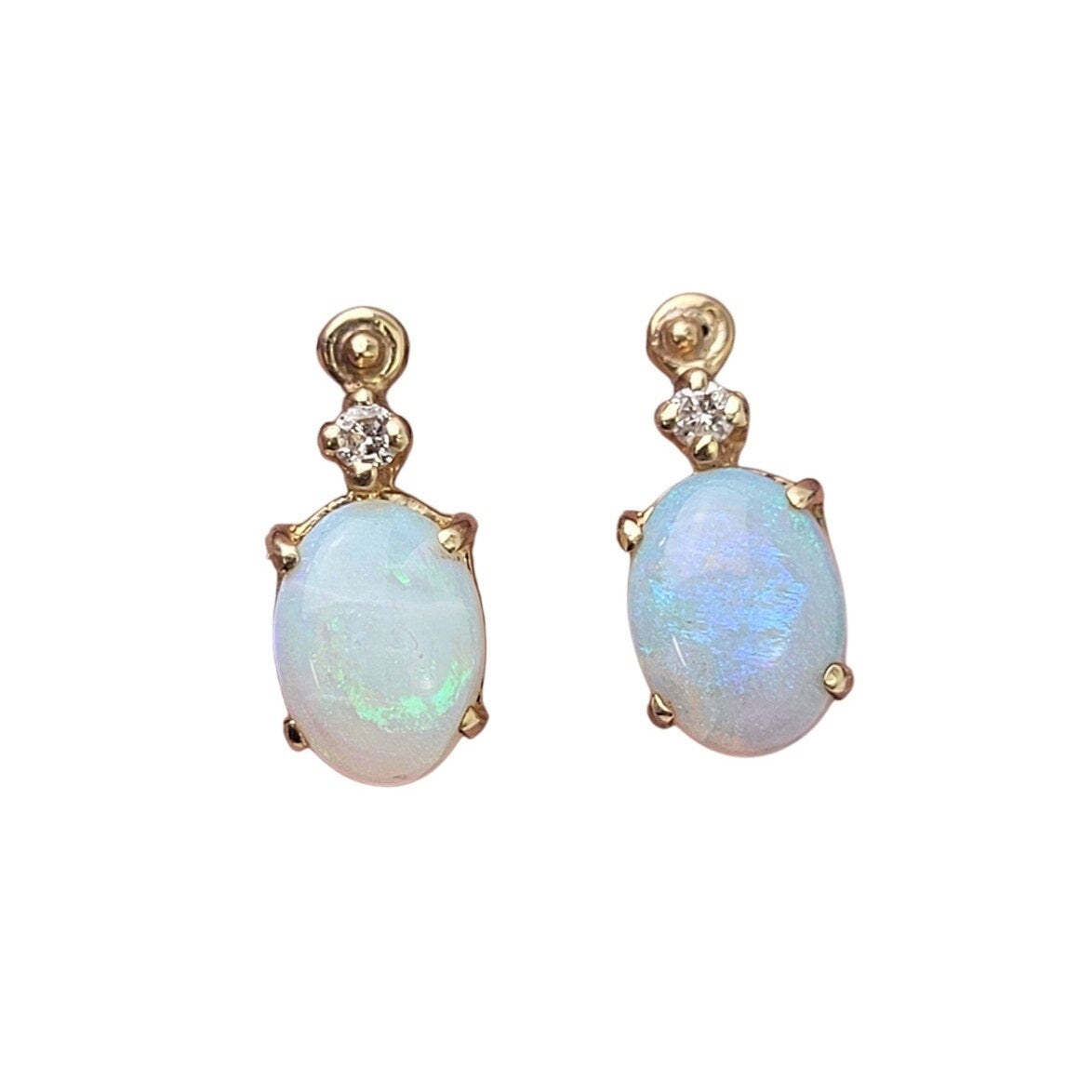 14K Gold Natural Opal & Diamond Earrings w Screw Back | 2.12 grams