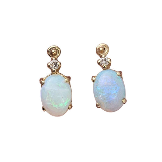 14K Gold Natural Opal & Diamond Earrings w Screw Back | 2.12 grams
