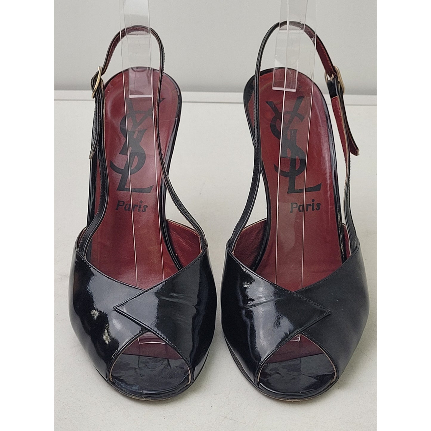 Vintage Yves Saint Laurent Black Patent Leather Peep-Toe Slingback Heels Sz 8