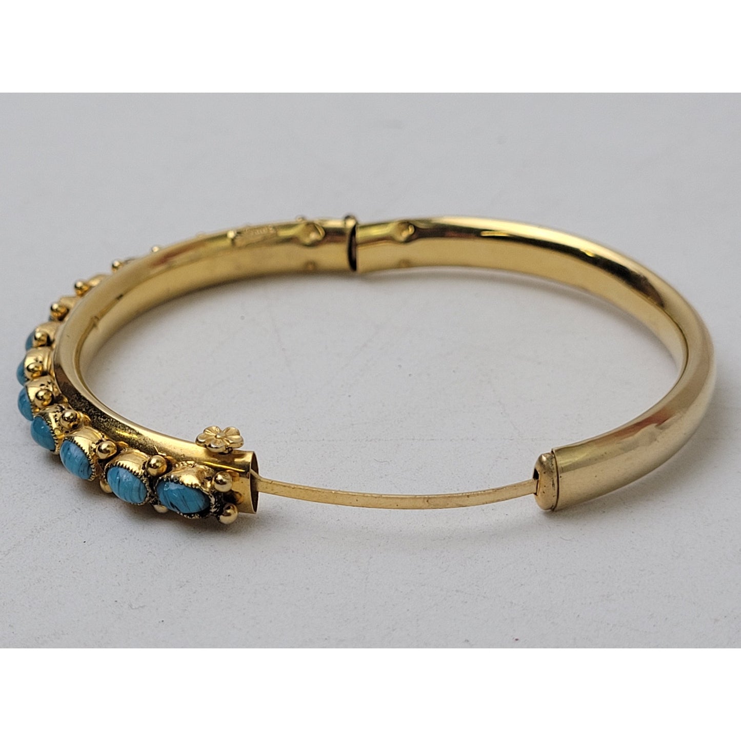 Vintage Sandor Gold Tone Bangle Bracelet w Turquoise Glass Stones Signed