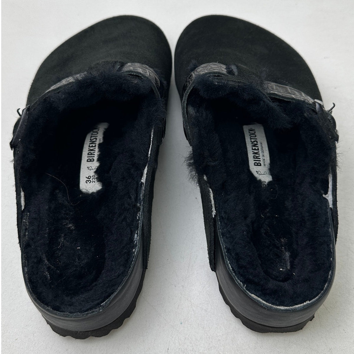 Birkenstock Boston Black Shearling Suede Clogs w/ Embossed Strap Women's Sz 5