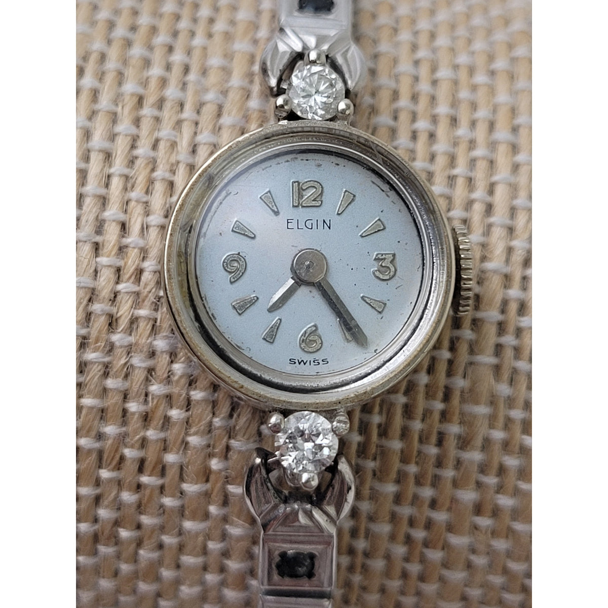 VTG Elgin 14K White Gold Wristwatch w 2 Diamonds & 22 Sapphires or Onyx | Runs
