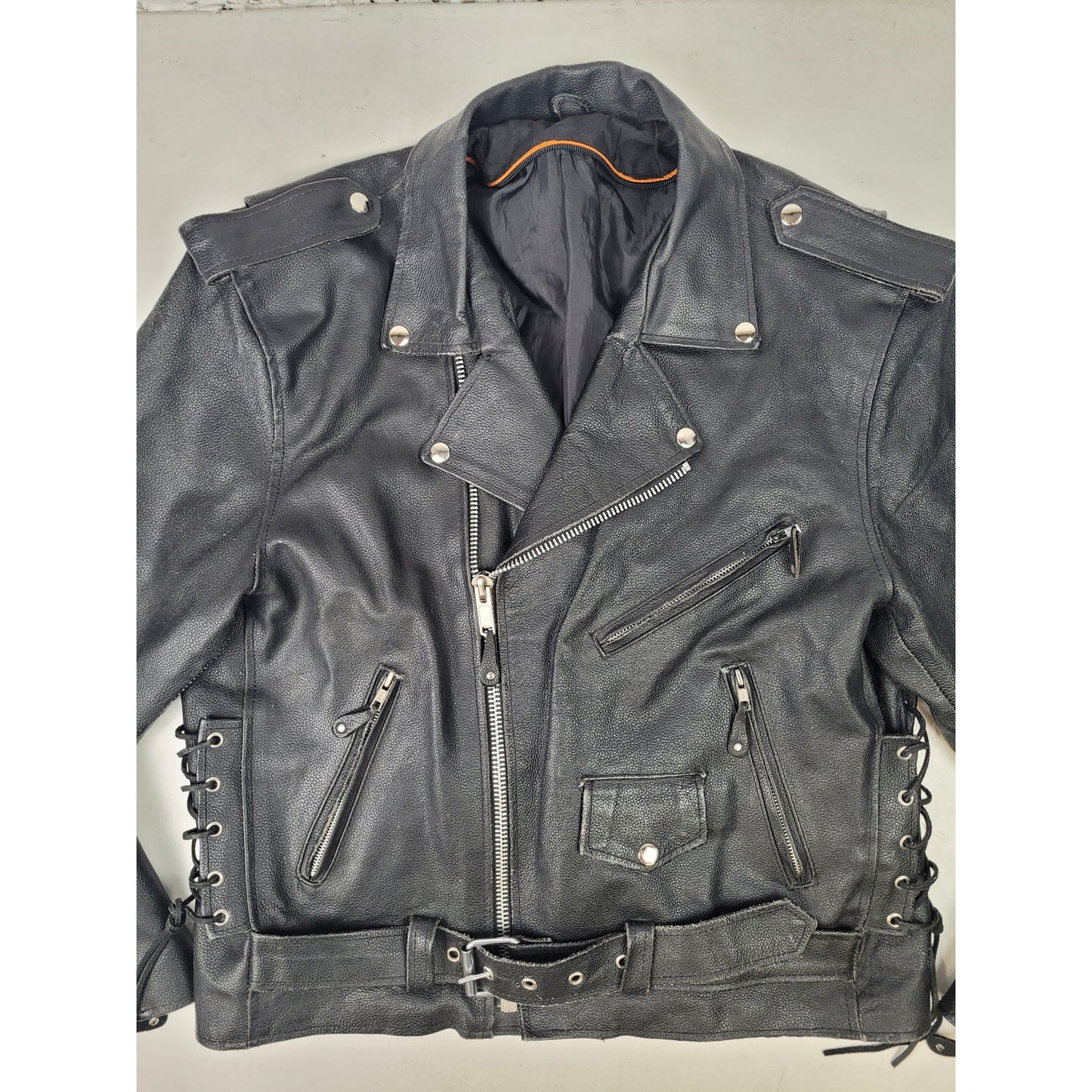 Quality Classic Belted Leather Motorcycle Jacket Biker Punk Style Men's Sz L