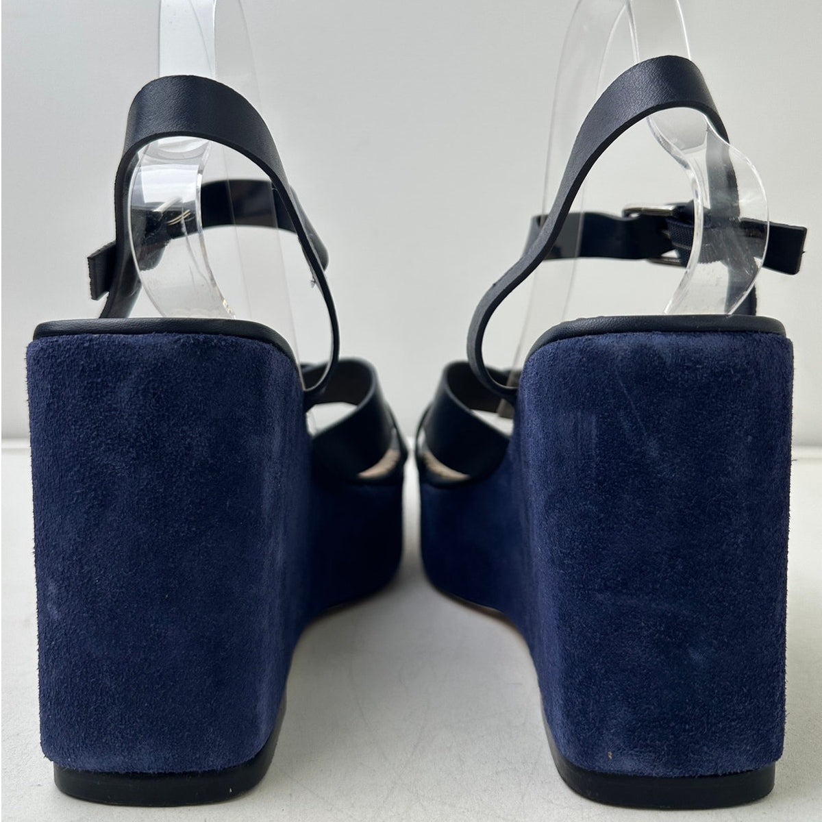 Cinq à Sept Navy Leather Sasha Vachetta Suede Platform Wedge Sandals Women's Sz 9