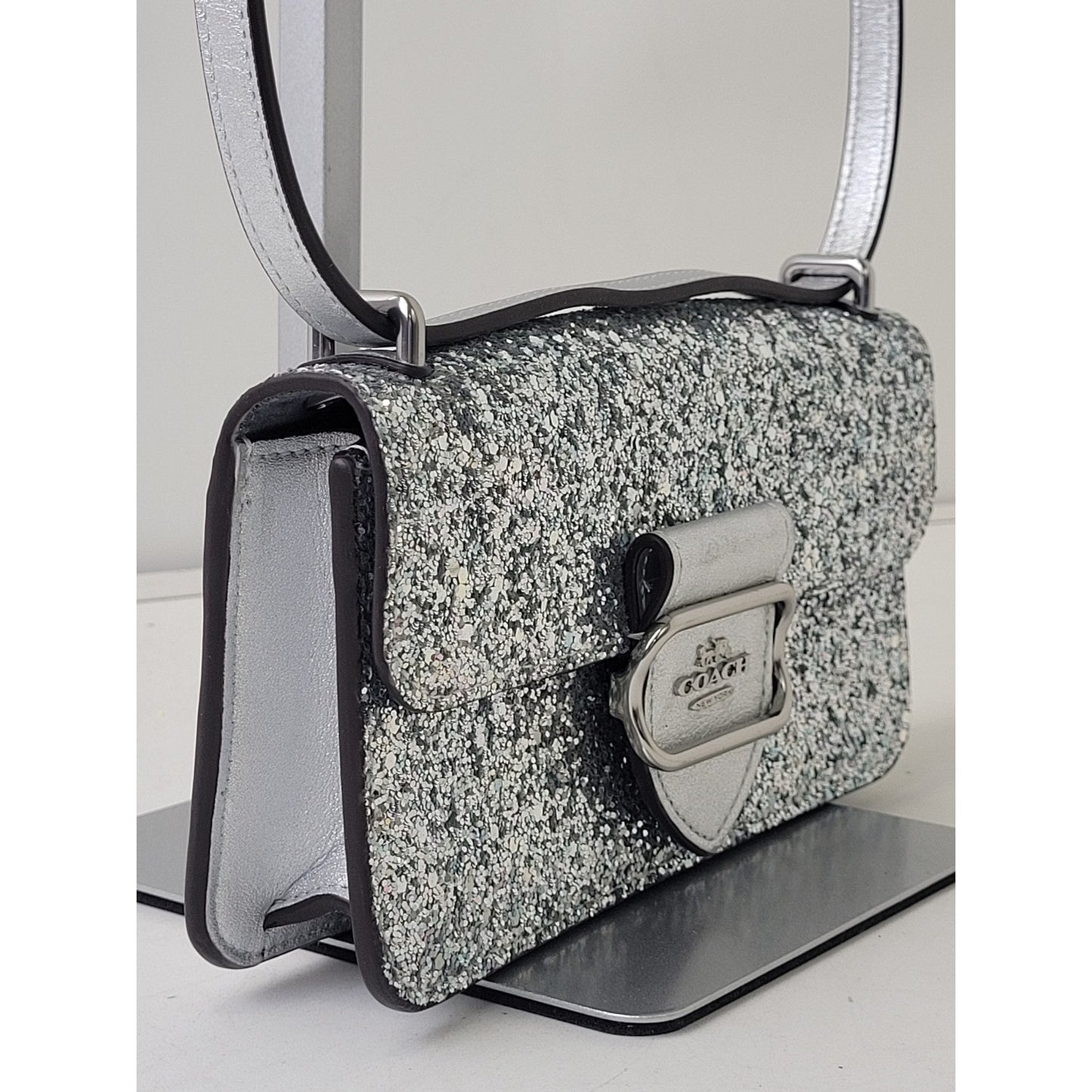 Coach Morgan Crossbody Clutch Bag Silver Glitter & Leather EUC