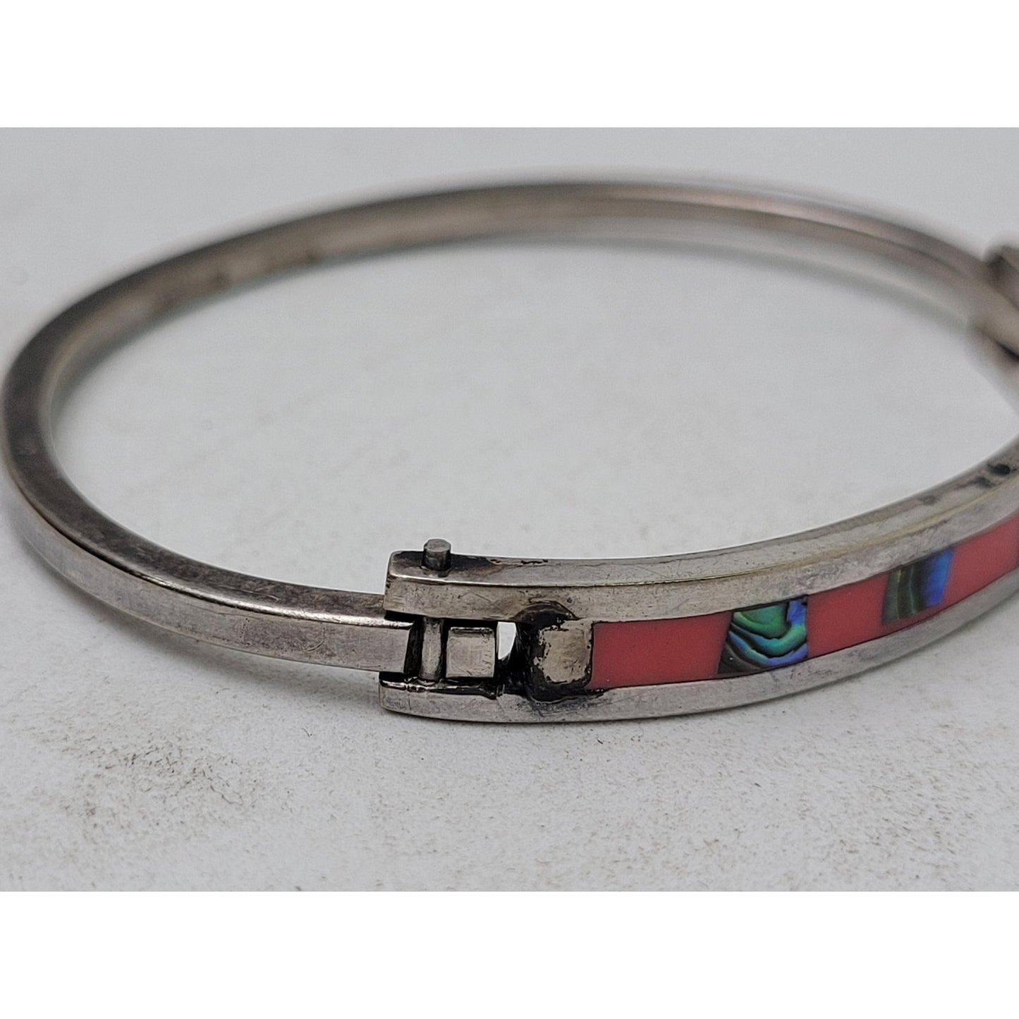 Vintage Sterling Silver Mexican Hinged Bangel Bracelet w Abalone & Pink Enamel