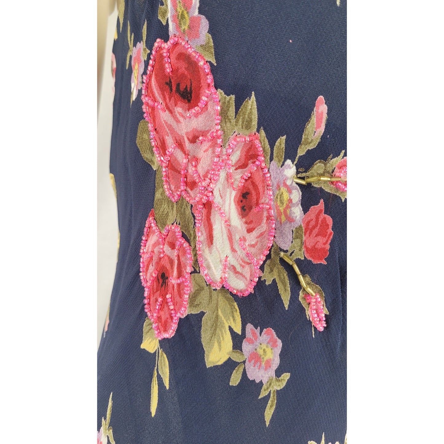 Y2K R&K Originals Bias-Cut Navy Blue Slip Dress Floral Print Beadwork Sz S/M