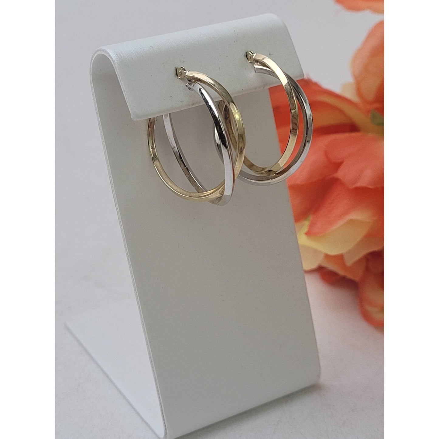 14K Yellow & White Gold Twisted Layered Overlapping Hoop Earrings | 1" Diameter