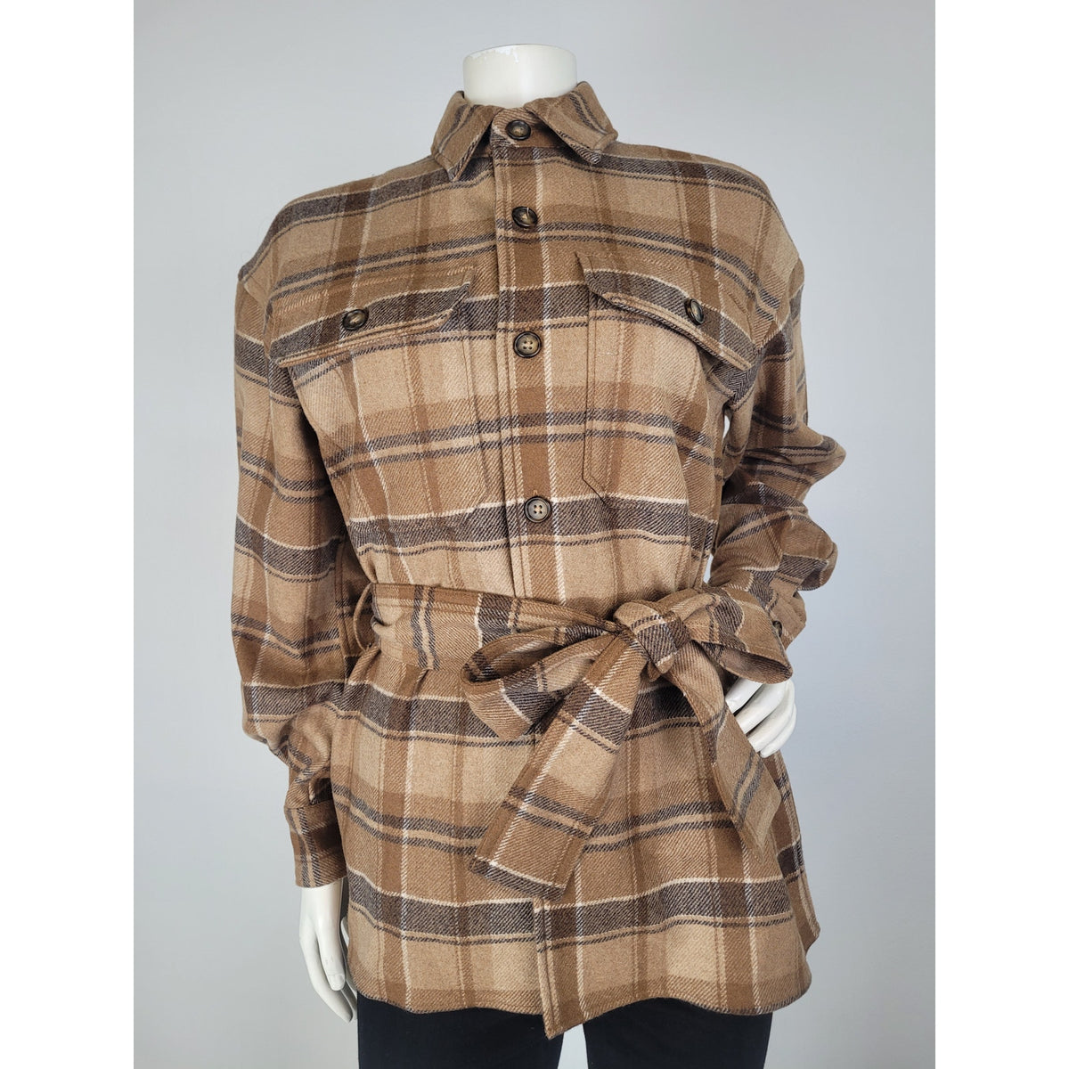 Polo Ralph Lauren Belted Wool-Blend Twill Shirt Brown Multi-Plaid Women's Sz 2