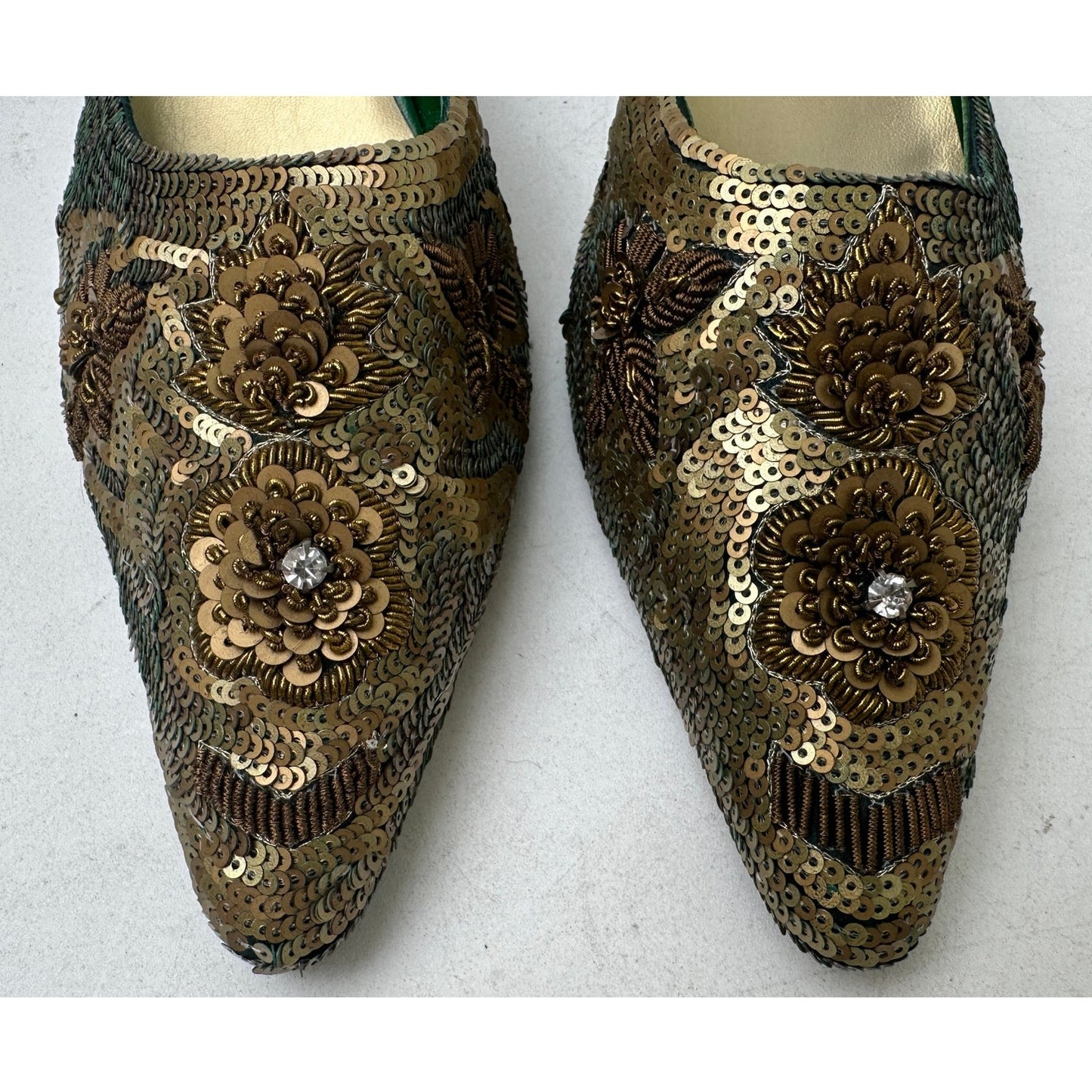 Drama Vintage Gold Beaded Sequin Kitten Heel Mules Women's Sz 9