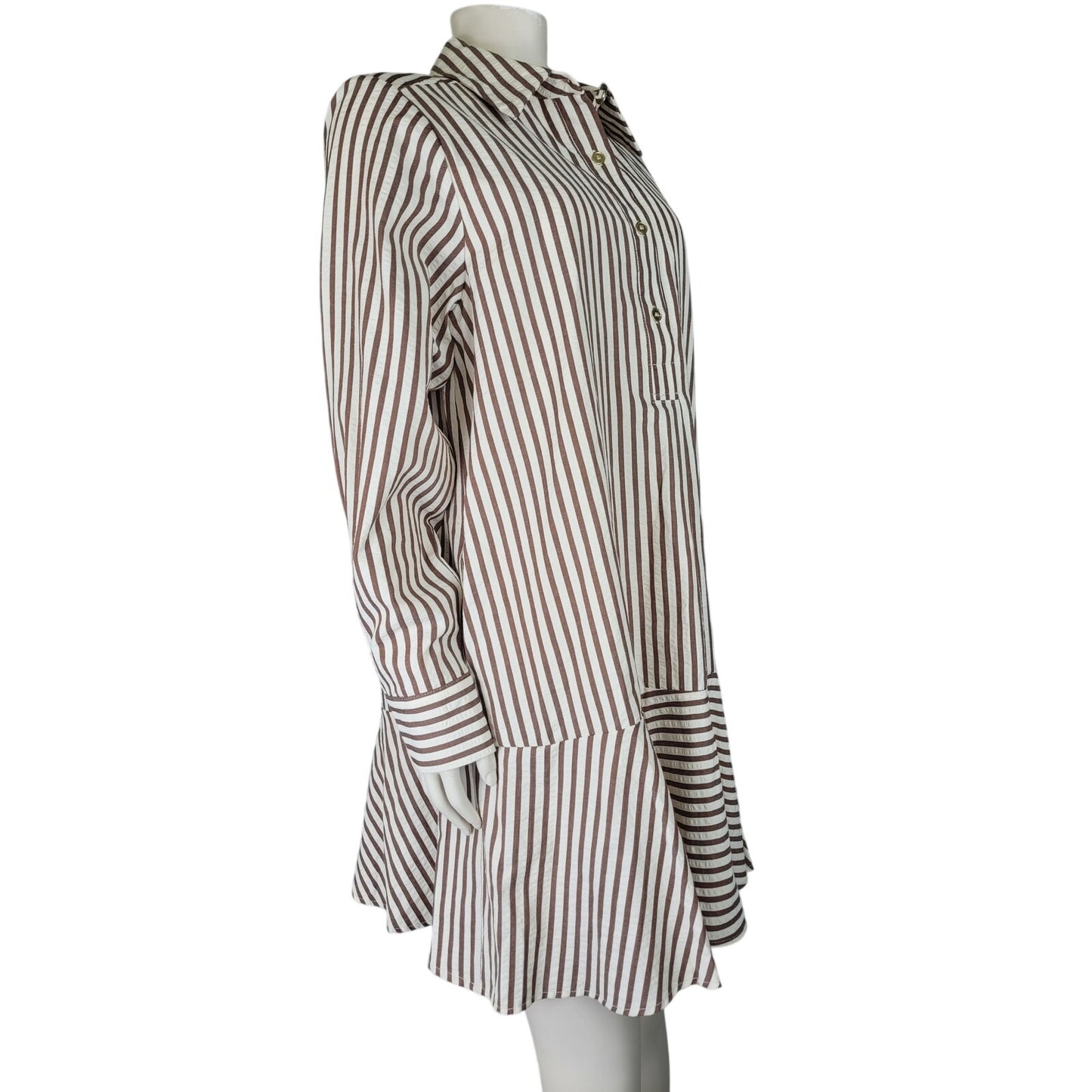 Entro Brown & White Striped Ruffled Hem Collared Shirt Dress Mini Sz M