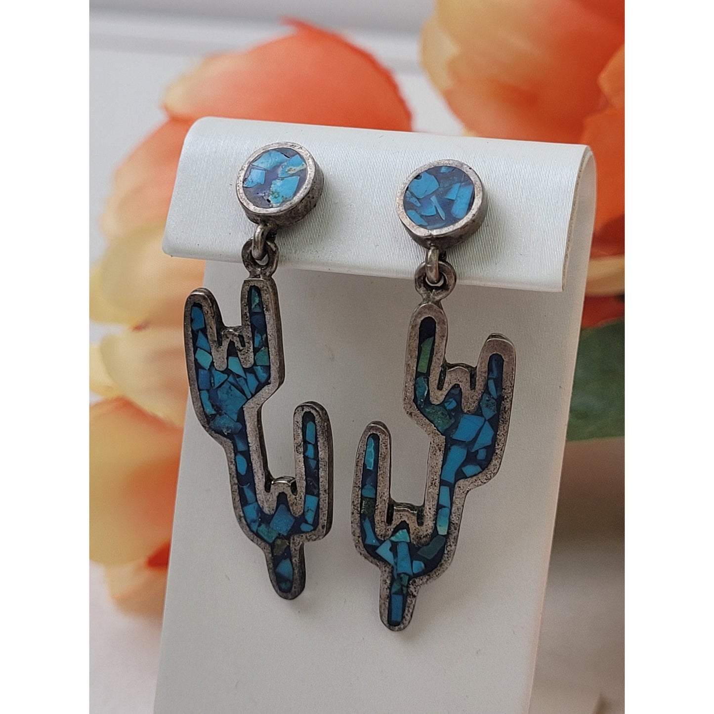 Vintage Saguaro Cactus Dangle Earrings w Turquoise Chip Inlay | Made in Mexico