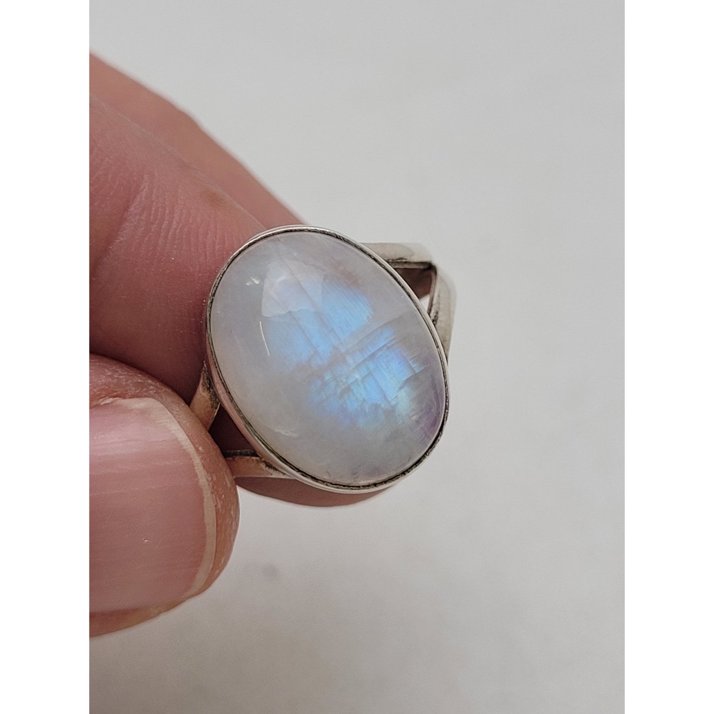 Sterling Silver Rainbow Moonstone Ring Split Shank Design Boho Statement Piece