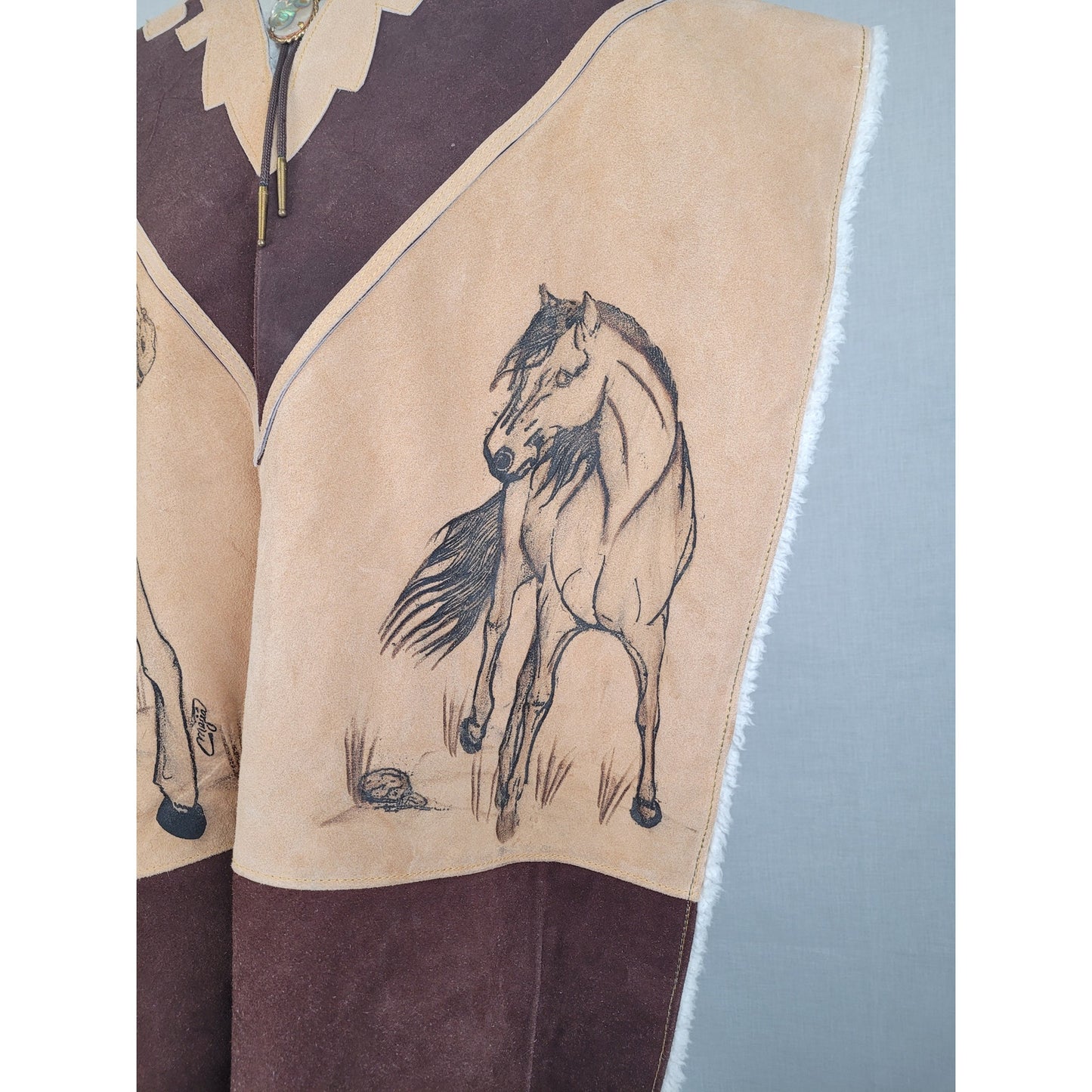 Mexican-made Western-style Leather Poncho w Fringe Cowboy and Horse Design
