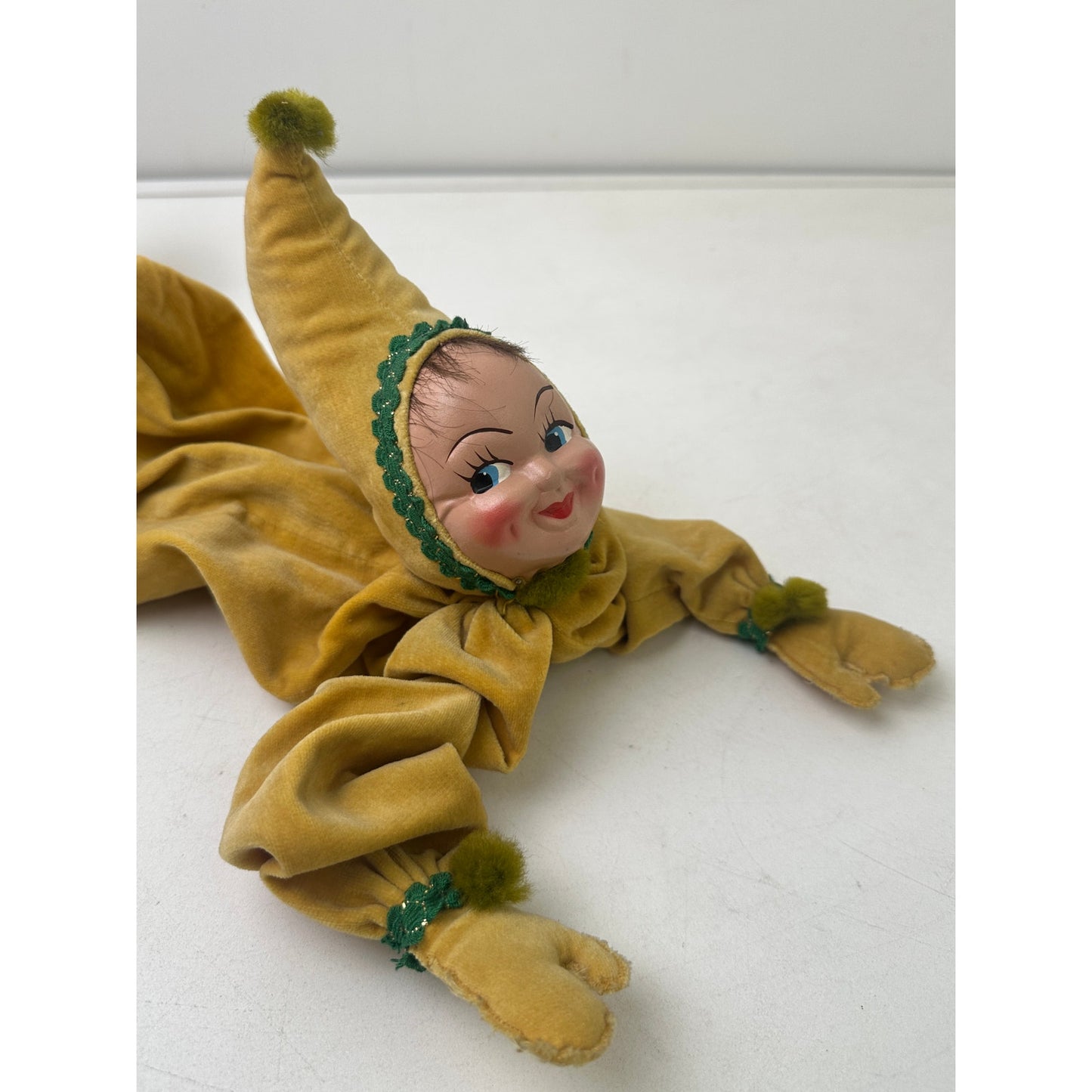 Vintage Yellow Velvet Posable Pixie Jester Boudoir Doll