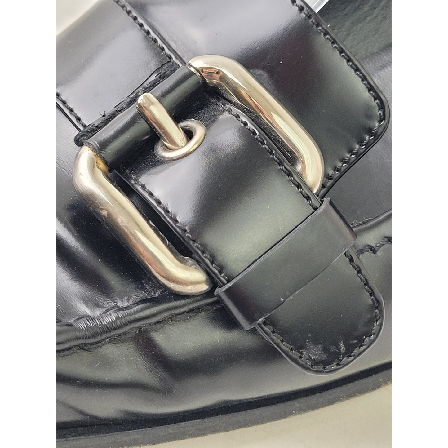 Vintage PRADA Black Leather Loafers Silver Buckle Women's Sz EU 38 1/2 / US 8