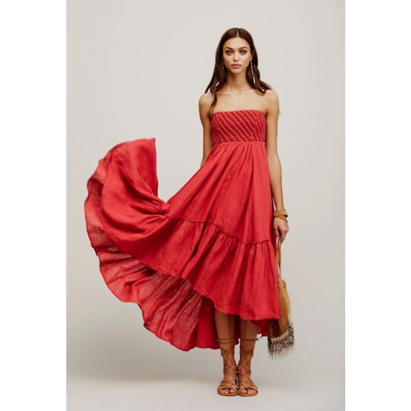 Free People Shimmers in the Sky Linen Maxi Dress Bead Embellished Bodice Sz L