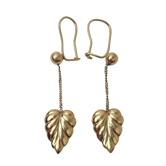 Vintage 750 18K Yellow Gold Dangle Leaf Earrings | 1 3/4" Drop | 3 grams