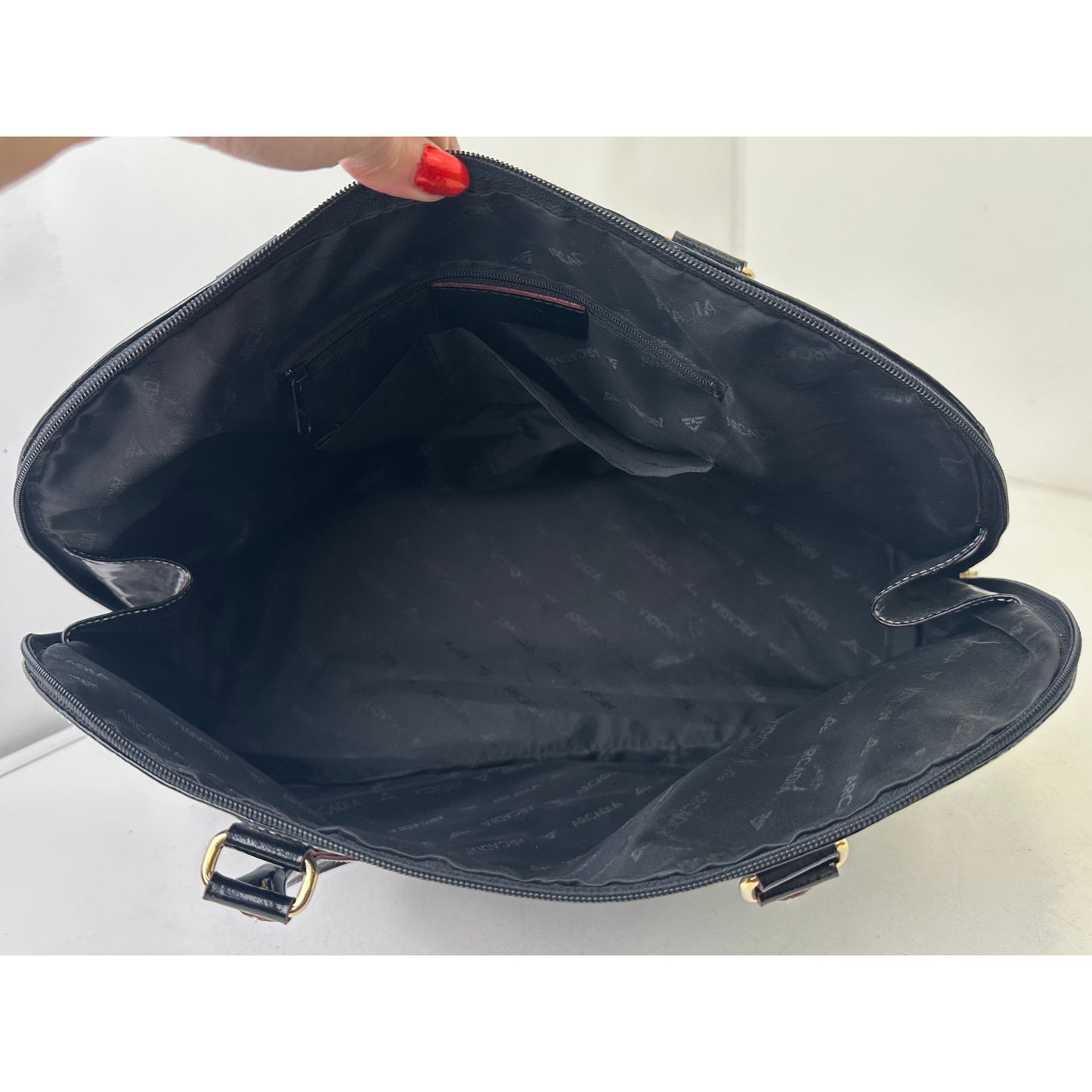Arcadia Italy Black Patent Leather Leather Embossed Logo Dome Satchel Bag
