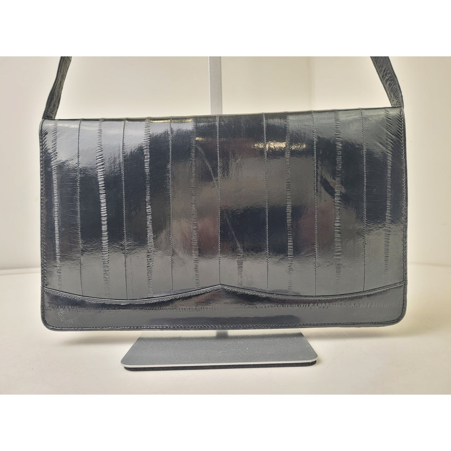 Vintage 1980s Black Eel Skin Convertible Clutch Shoulder Bag