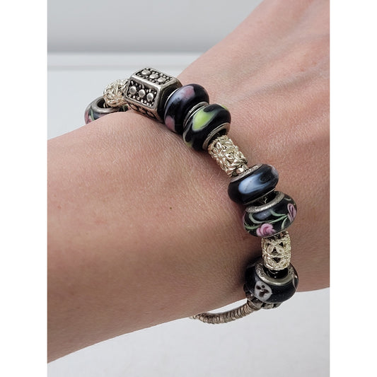 Authentic Pandora Sterling Silver Bracelet 13 Charms | Murano Glass & Metal