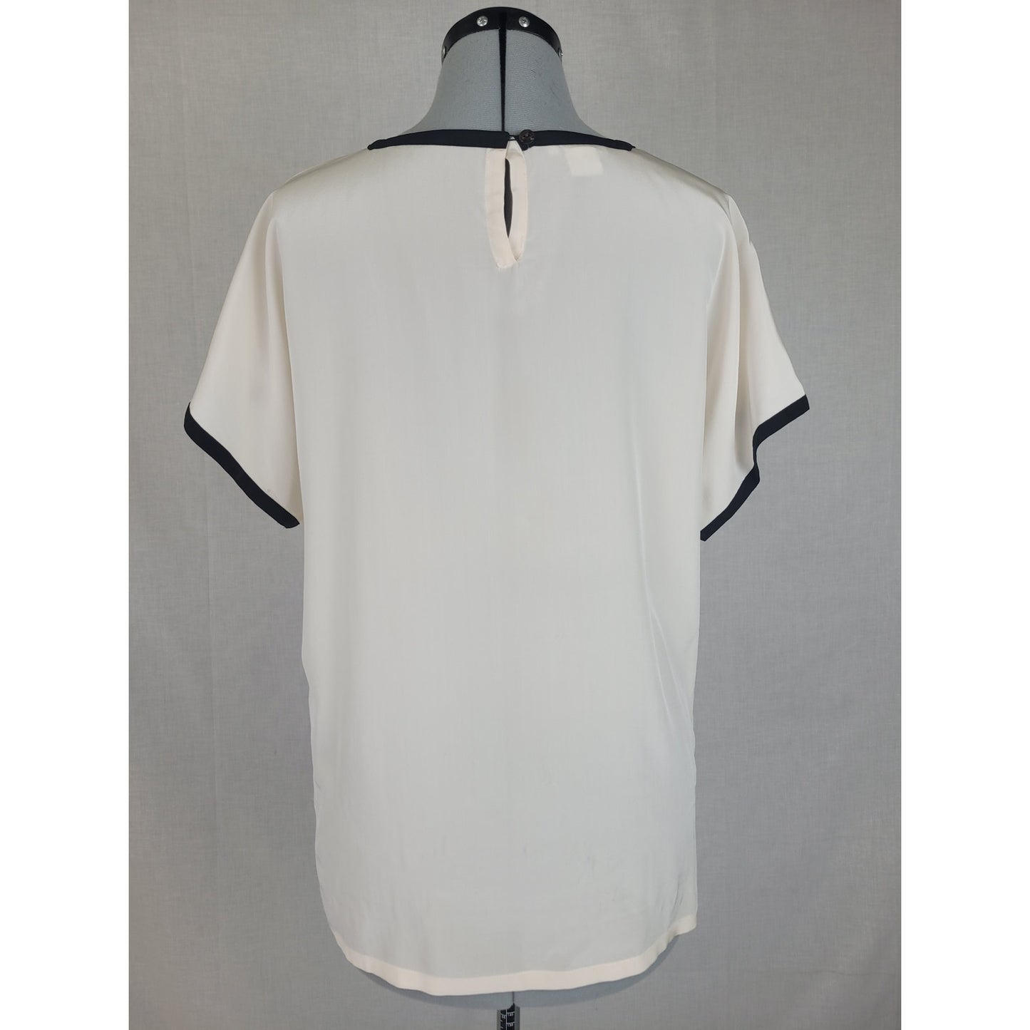 Vintage Christian Dior Ivory Silk Blouse Black Trim Square Neckline Sz S/M