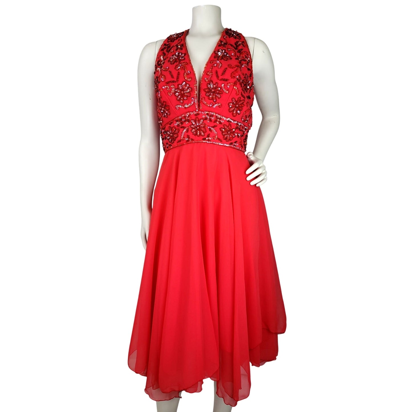 1960s Designer Jack Bryan Beaded Red Cocktail Dress 26" Waist