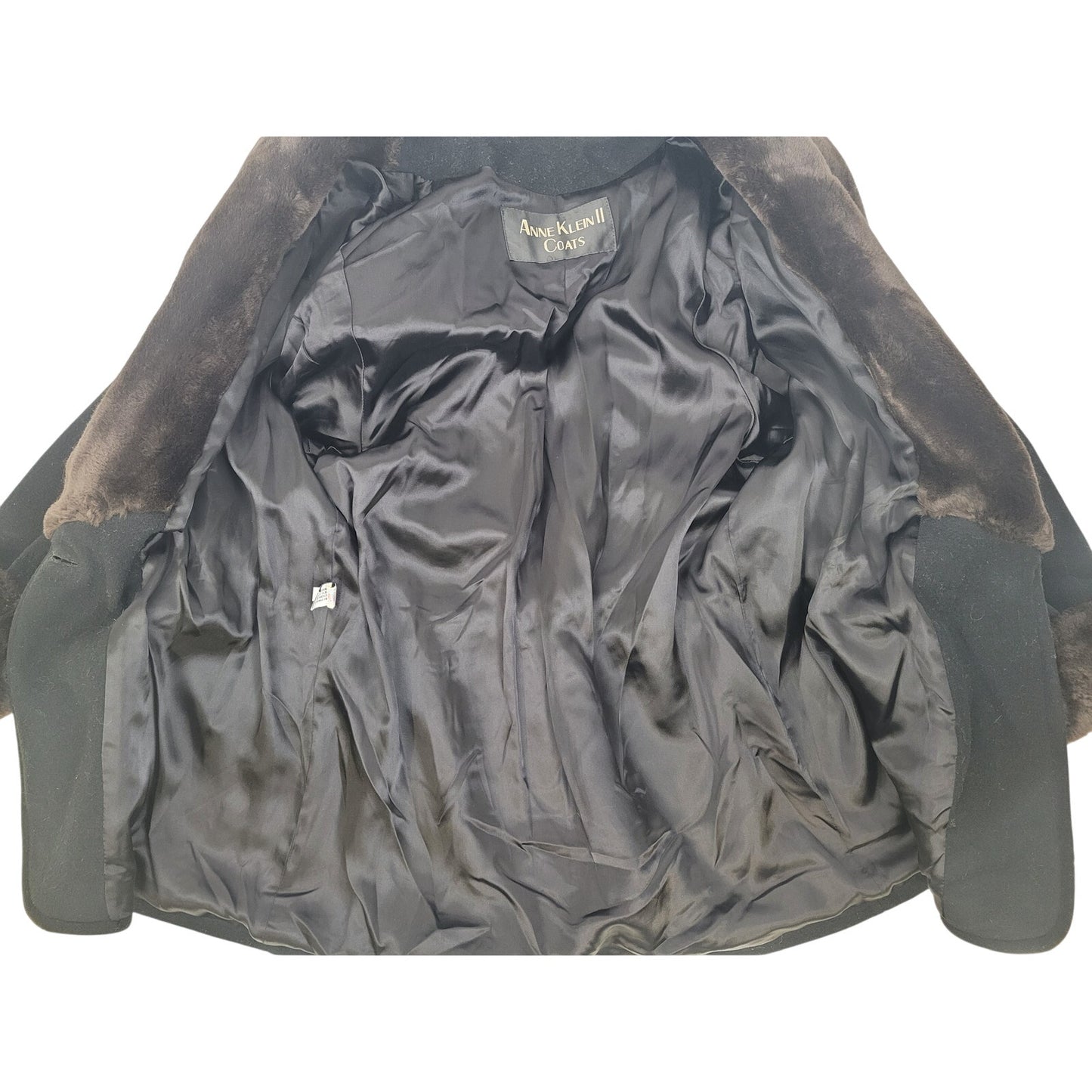 Vintage Anne Klein II Black Wool Faux Fur Trim Coat Women's Sz M